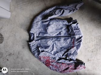 Gray Denim Jacket with Red Embroidery