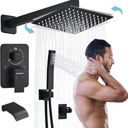 10 Inch Square Black Shower Faucet Set with Tub Spout，Shower Combo System Rainfall Shower Head and Handheld Wall Mount High Pressure Balance Shower Va