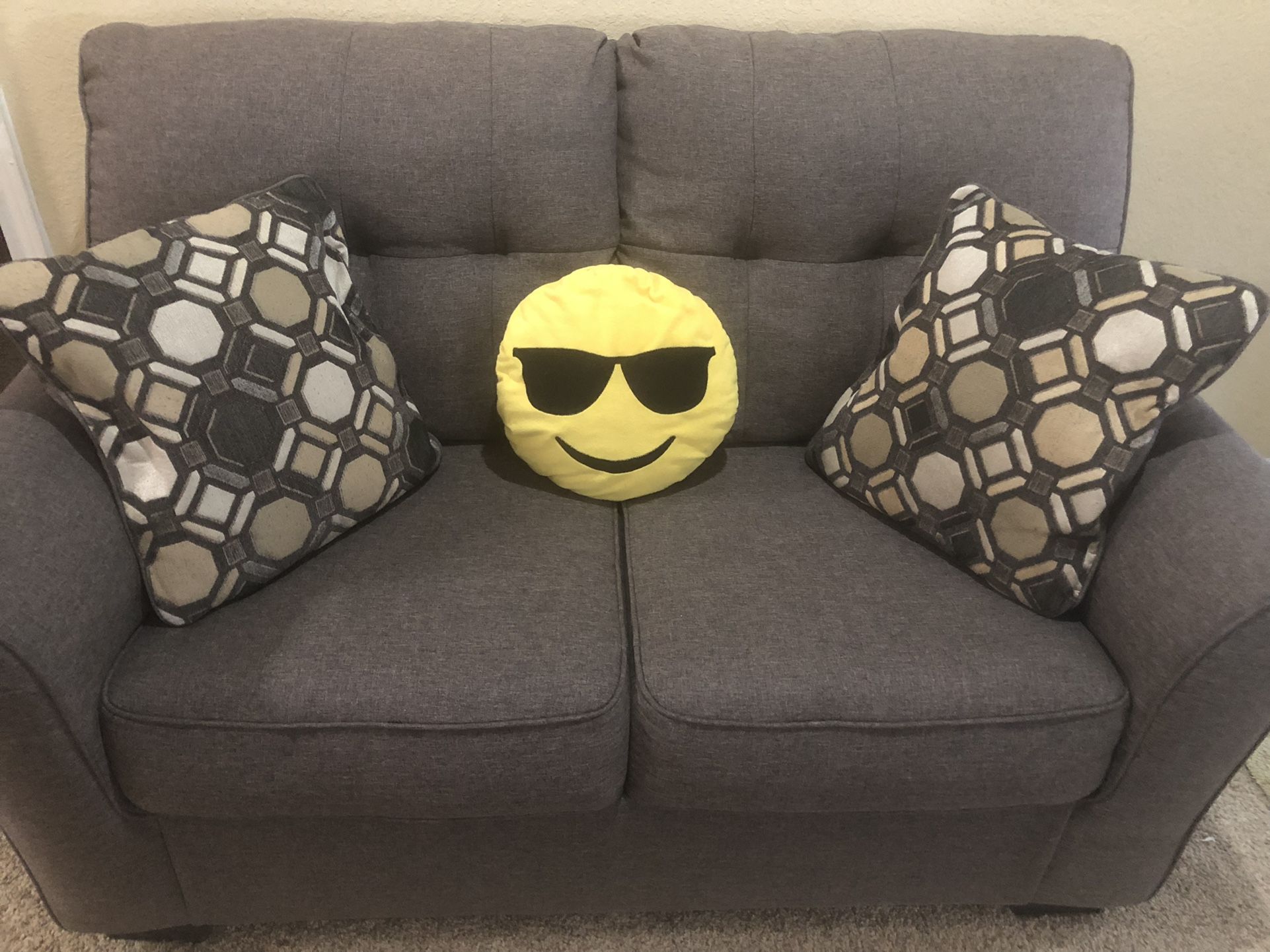 Signature Design By Ashley Tibbee Tufted Upholstered Loveseat with 2 Accent Pillows, Dark Taupe For Sale