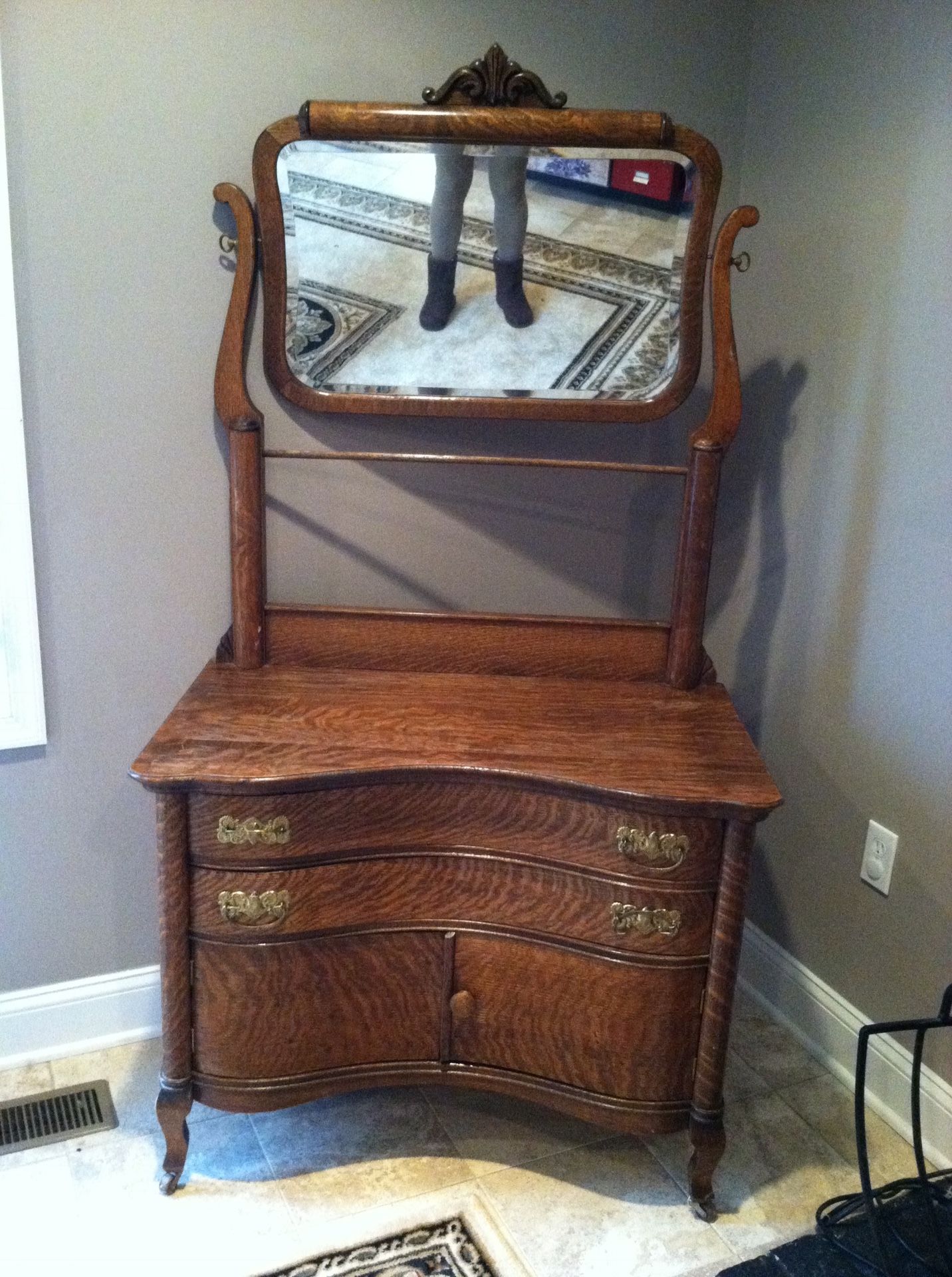 Antique Wash Stand with mirror. Measures 36.5 Inches Wide. 20.5 Inches Deep And 95 Inches Tall.