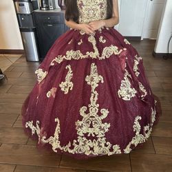 Burgundy And Gold Quinceañera Dress