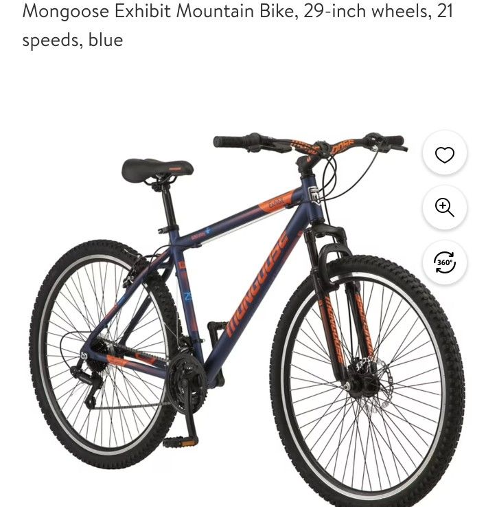 Mongoose Exhibit Mountain Bike, 29-inch wheels, 21 speeds, blue