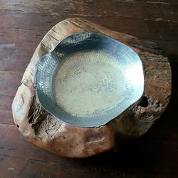 MCM art deco Custom Made Natural Wood With Aluminum Centerpiece Bowl Made in Indonesia 17"