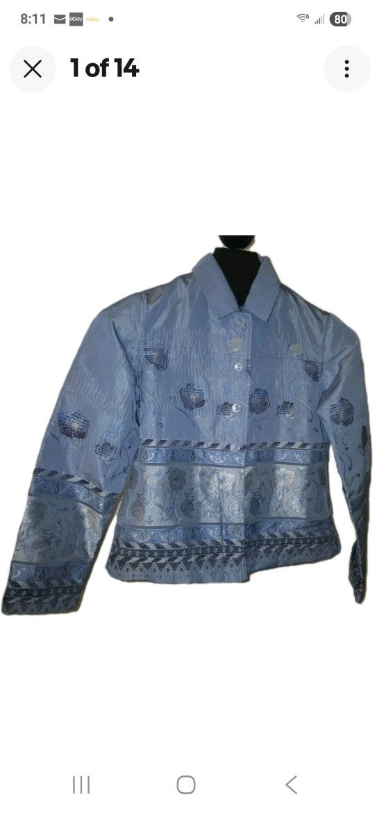 Erin London Size Small Womens Jacket Blue Geometric Cotton Floral Long Sl