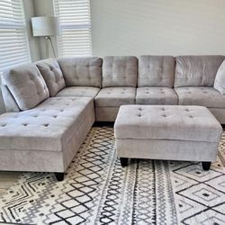 COSTCO Grey Chenille Sectional Couch And Ottoman