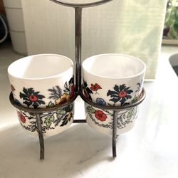 Mid Century Vintage Sandland Ware Canton Jon Anton England Condiment Holder Set - Jam Jelly   Chrome Stand / Holder Canton Design Ceramic Pots with Vi