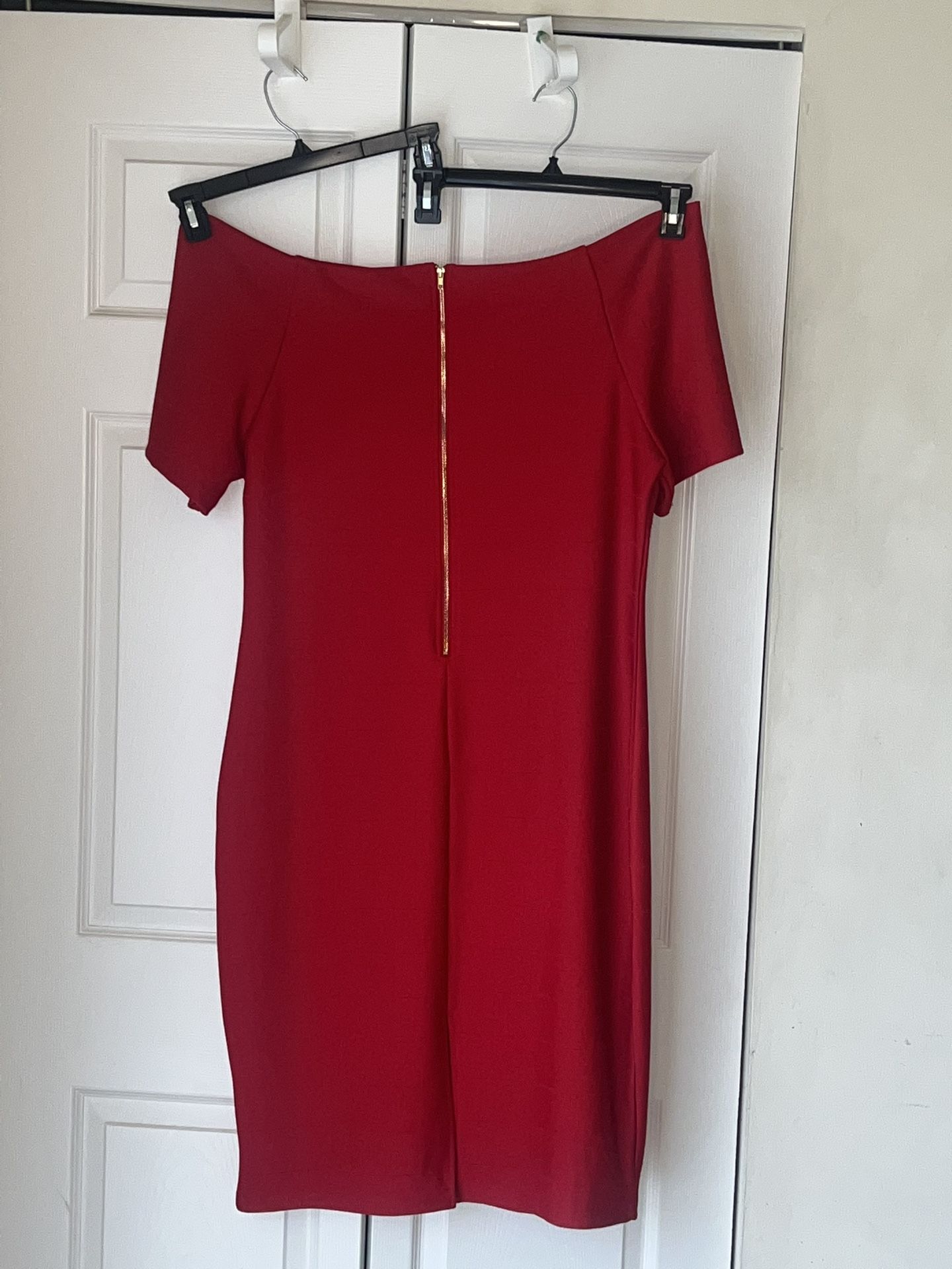 Red Holiday Off The Shoulder with gold accent zipper 