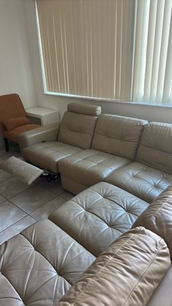 Beige Leather Sectional Sofa with Recliner