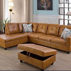 Carmel Leather Sectional Couch And Ottoman
