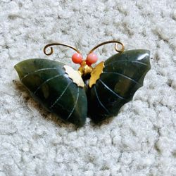 Vintage Mid Century Jade Green Gold and Orange Butterfly Pin Brooch Jewelry