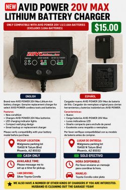 Battery Charger-Avid POWER 20V Max Lithium lon Battery Charger, Only Compatible with Avid Power 20V 1.5/2.0Ah Batteries (Excludes 3.0Ah Batteries)
