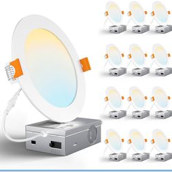 CHARKEE 12 Pack 6 Inch 5CCT Ultra-Thin LED Recessed Ceiling Light with Junction Box, 2700K/3000K/3500K/4000K/5000K, 1050LM, 12W Equivalent to110W, Dim