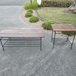 POTTERY BARN Wood and Iron Coffee Table + Side Table