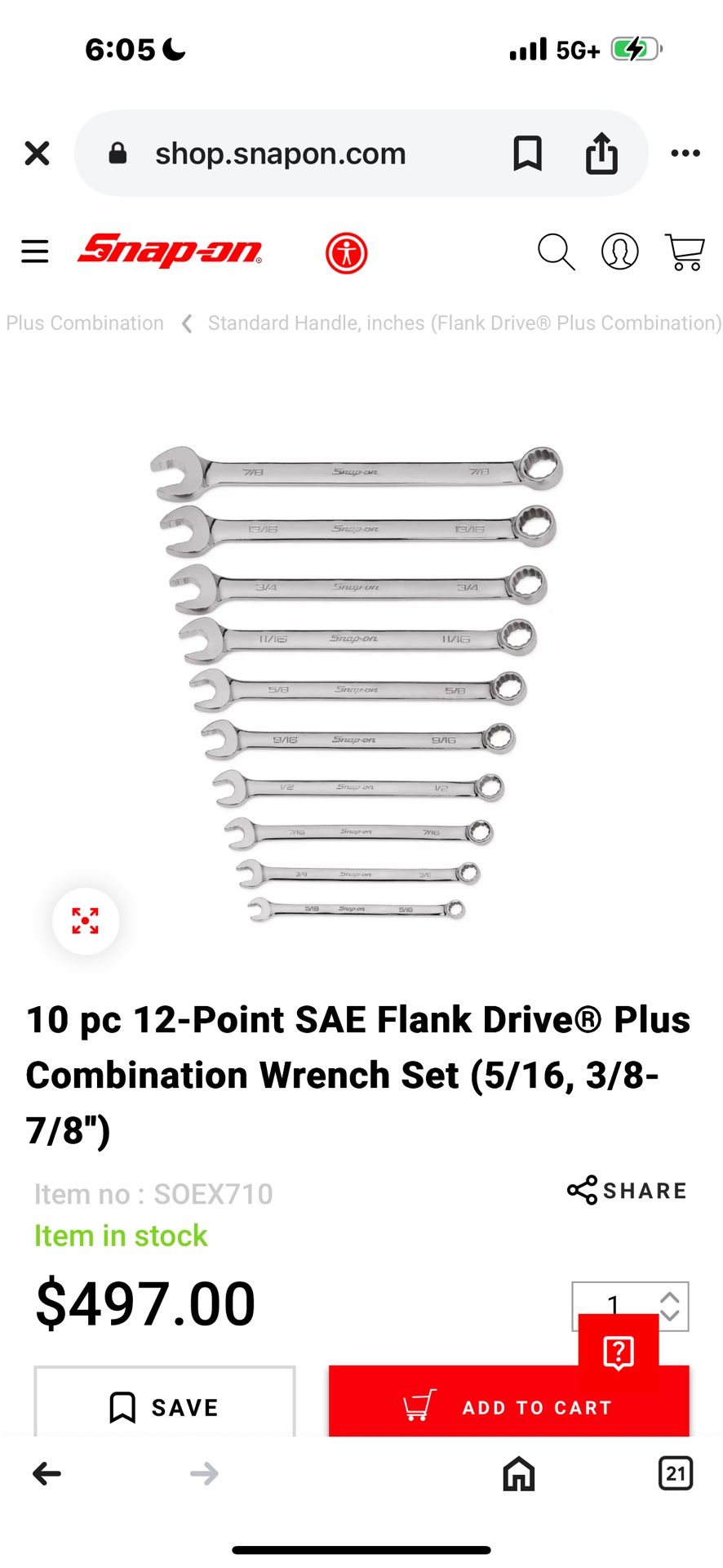 Snap On 12 Point Flank Drive Combination Wrench Set