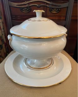 Antique Italian Porcelain Tureen Gold Trim & Under-plate