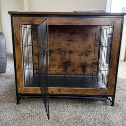 Dog crate furniture with cushion, wooden kennel table with doble doors, indoor dog house brow color