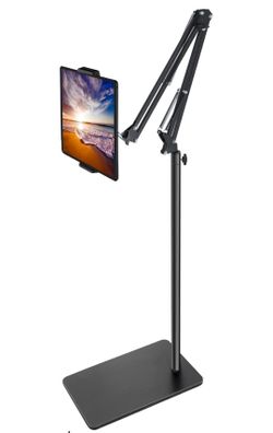 Tablet Floor Stand with Double Weight Base, Overhead Bed Phone Mount Height Adjustable Arm Stretchable Stand Holder, Compatible with iPad Mini Air Pro