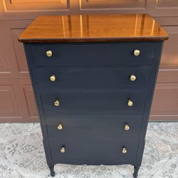 Vintage Solid Wood Dresser – Black & Wood w/ Brass Hardware (Sweat-Comings)