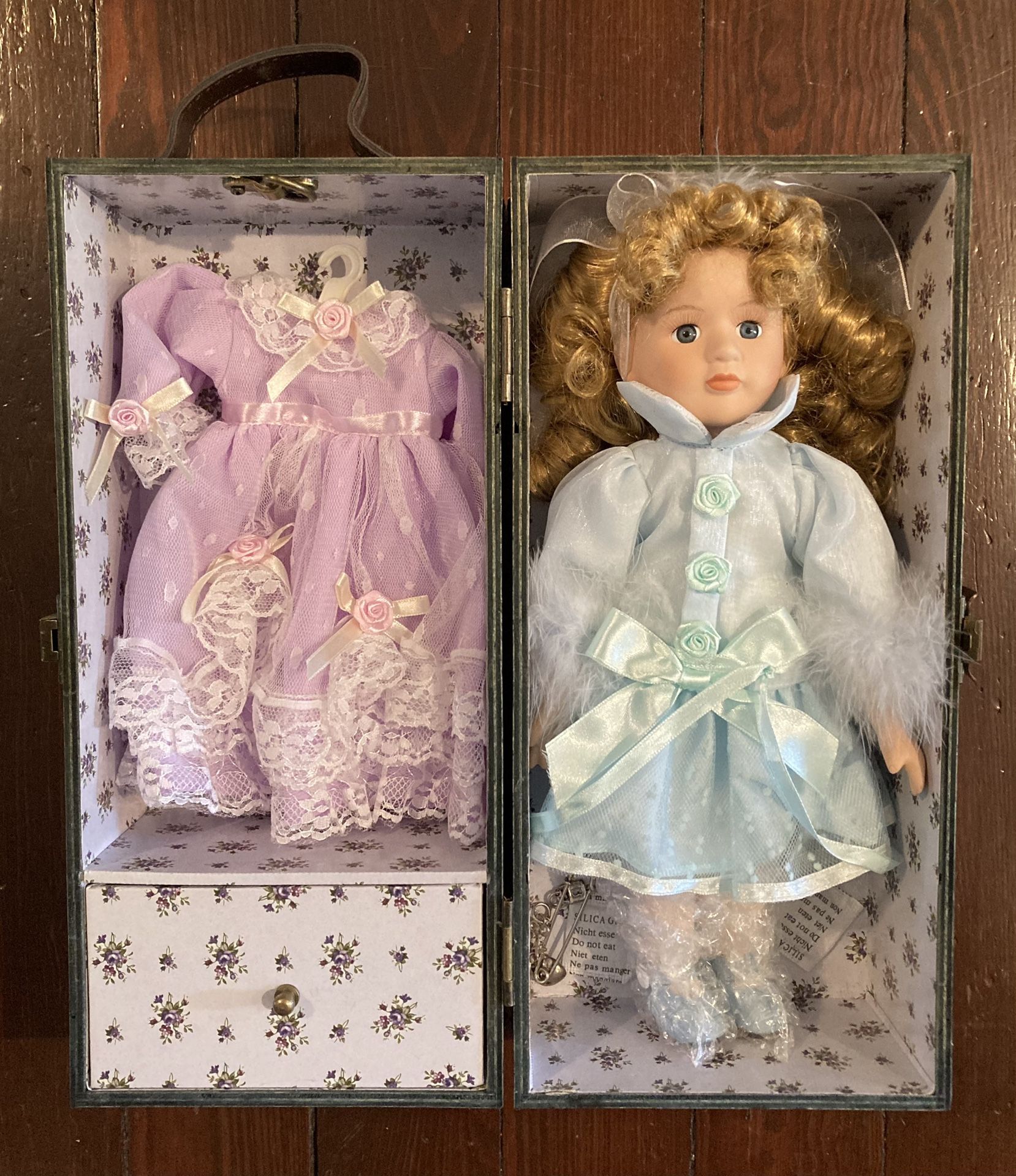 Vintage Girls Porcelain Doll In Wooden Box And Clothing