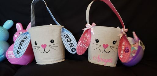 Easter baskets , jumbo eggs and plastic bunnies