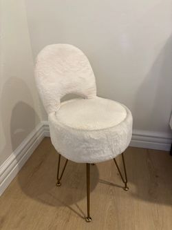 White Fluffy Vanity Chair with Gold Legs