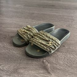 Chanel Khaki Cloth Flats (US SZ 40) 