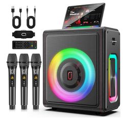 Karaoke Machine, Portable Bluetooth 5.3 Speaker with 3 Wireless Microphones for Adults, PA System with Pitch Correction & Echo Adjustment, Supports TW