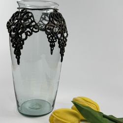Vintage Metal Caged Tinted Green Glass Vase. 9.5” H