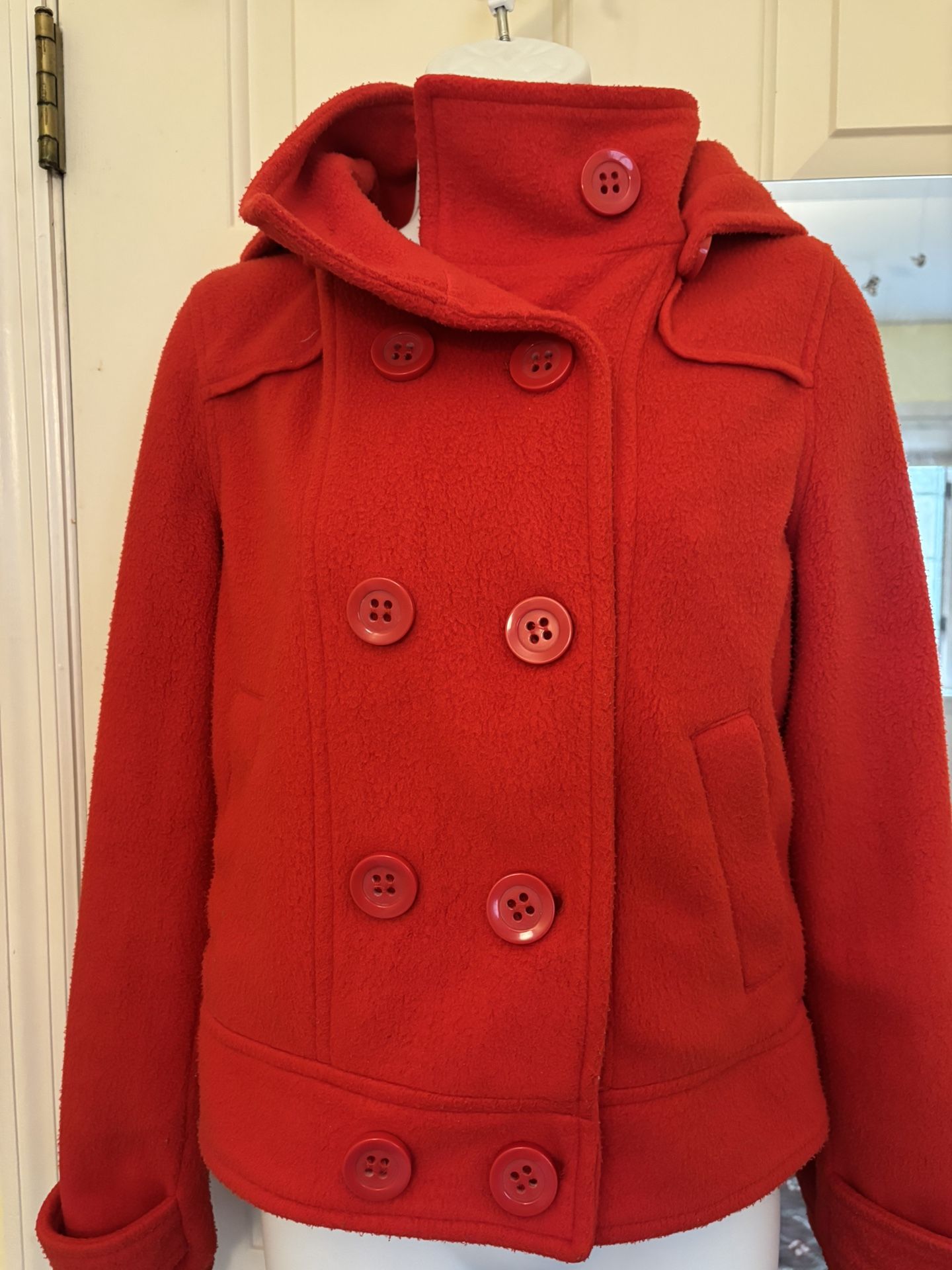 Chelsea Red Button Winter Coat! Back Hoodie! S Sz