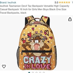 lwufnok Tasmanian Devil Taz Backpack Versatile High Capacity Casual Backpack 16 Inch for Girls Men Boys Black One Size Travel Backpacks, black