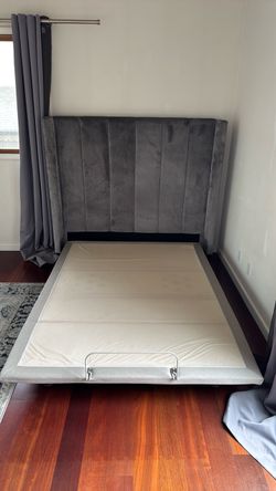 Gray Velvet Upholstered Bed Frame with Headboard