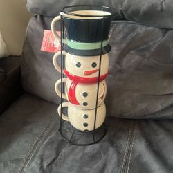 New With Tags Holiday Time 4 Pack Stacking Snowman Coffee Tea Mugs With Rack Handmade Stoneware 