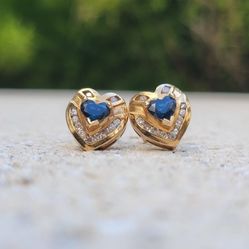14K Gold Sapphire Diamond Heart Shaped Earrings (Jewelry Box Included)