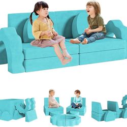 O398 $85  10pcs Modular Kids Play Couch, Child Sectional Sofa, Couch Large Size, Toddlers Floor Sofa W/Suede Cover, Convertible Foam Cushion Couch for