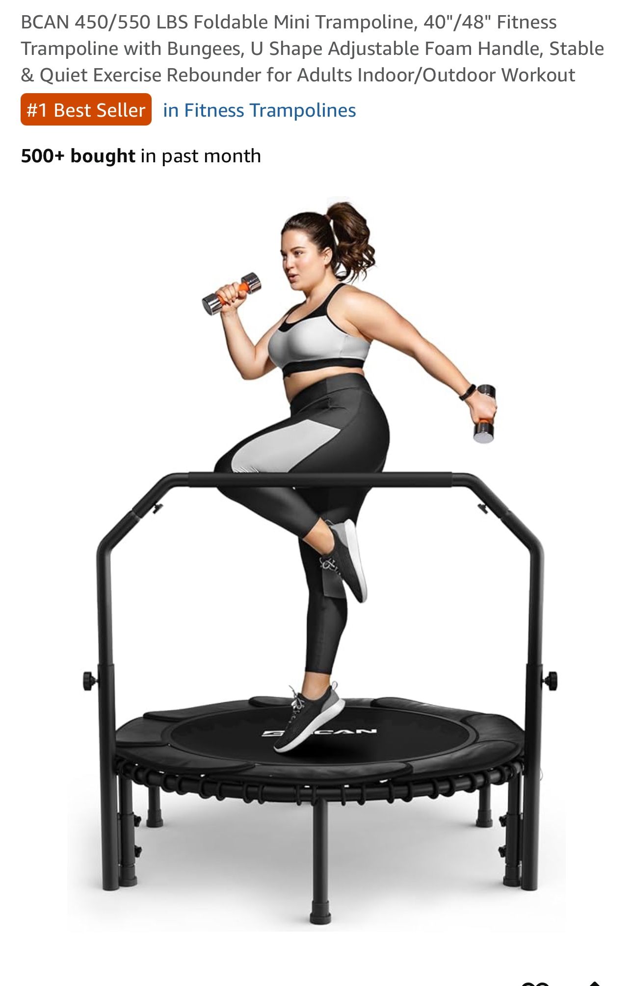 BCAN 450/550 LBS Foldable Mini Trampoline, 40"/48" Fitness Trampoline with Bungees, U Shape Adjustable Foam Handle, Stable & Quiet Exercise Rebounder