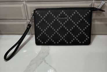 Michael Kors black silver rivets stud grommet large leather wristlet wallet