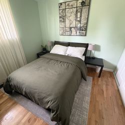 Full Sized Mattress, Frame, And Side Tables