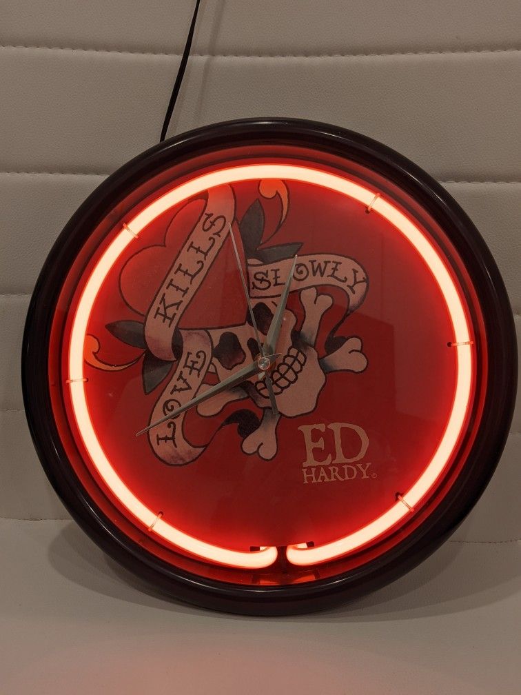 Ed Hardy Neon "Love Kills Slowly" Heart and Skull Clock