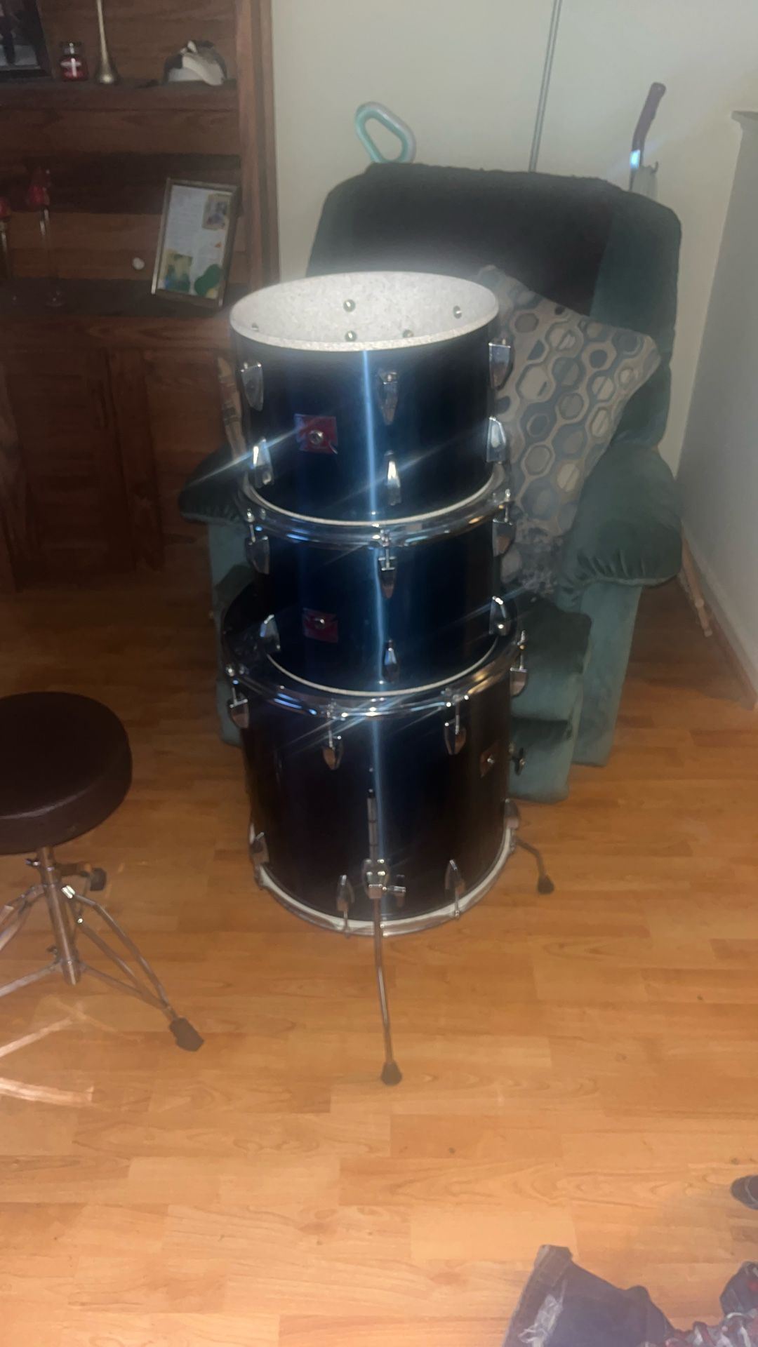 Complete Drum Kit With Tama Tom-Toms, 14” mapex Snare (needs New Snare Wires, The Bass Drum Pictured Is Not Tama