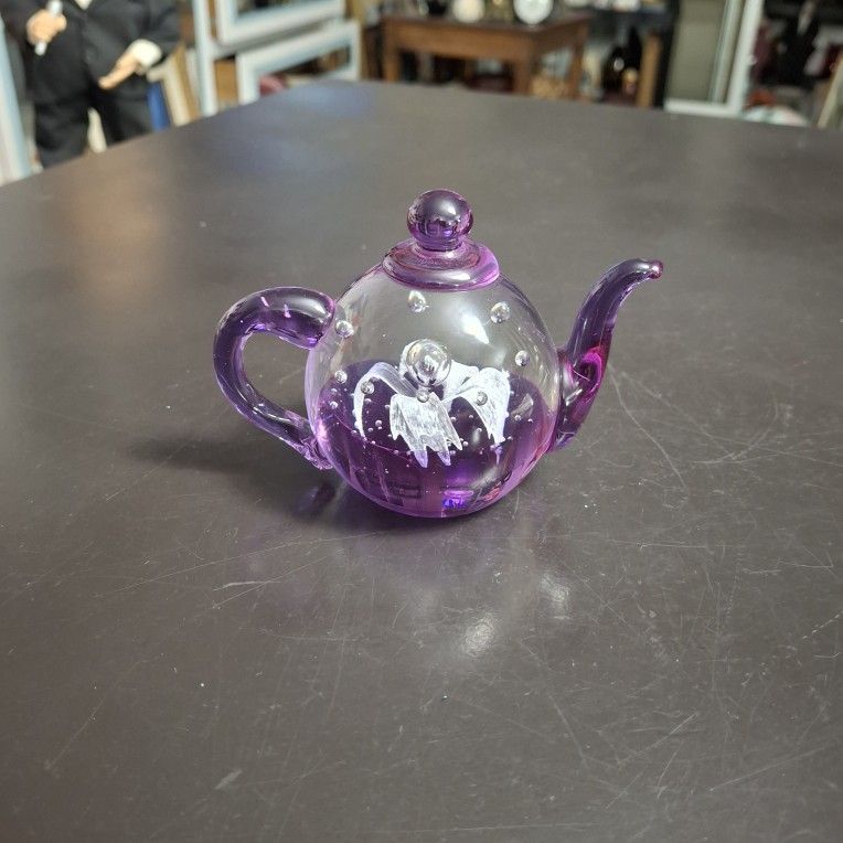 Hand Blown Teapot Paperweight 3" Tall In Gorgeous Purple W/White Flower & Controlled Bubbles
