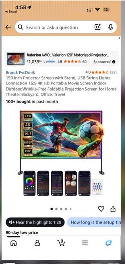 150 inch Projector Screen with Stand, USB String Lights Connection 16:9 4K HD Portable Movie Screen