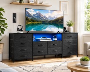 12 Drawer Dresser for Bedroom, Black Dresser TV Stand for 65, 70, 75 inch TV with Led Light & Charging Station, Wide Chest of Drawers with Open Shelve