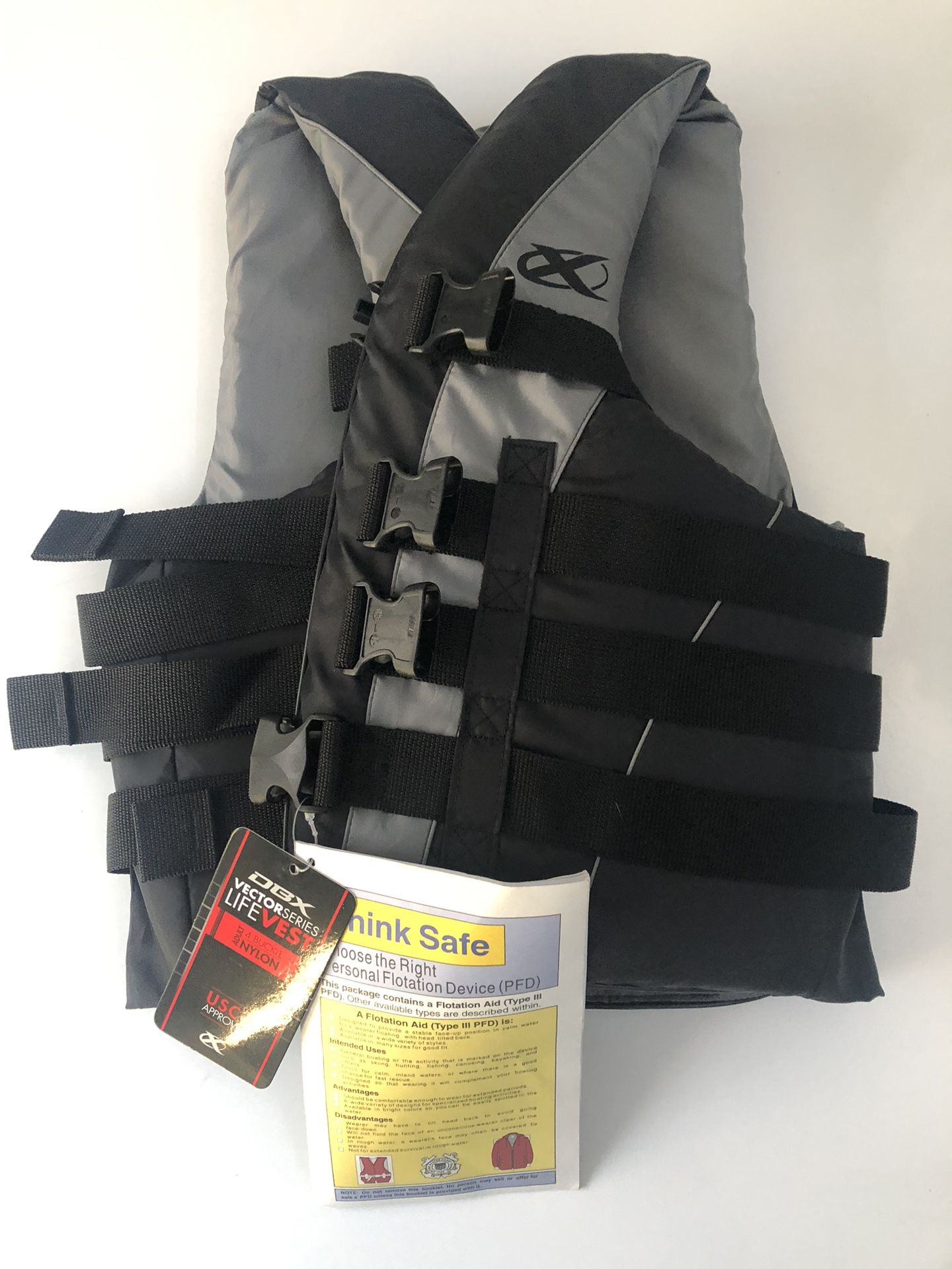 Life Vest DBX Victor Series, 4 Heavy Duty Belts With Quick Release Buckles, Heavy Duty Nylon Outer Shell, 100% PE Flotation Foam, Brand New.