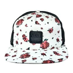 Vans Off The Wall Logo Patch Trucker Hat Cap White Roses Floral Print Snapback