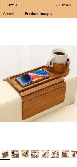 Couch Cup Holder Tray, Sofa Clip on Arm Table,15.75x12.99,Acacia Fits Armrests 5"and Wider,3 in 1 Foldable Couch Armrest Table,360° Rotating Phone Sta