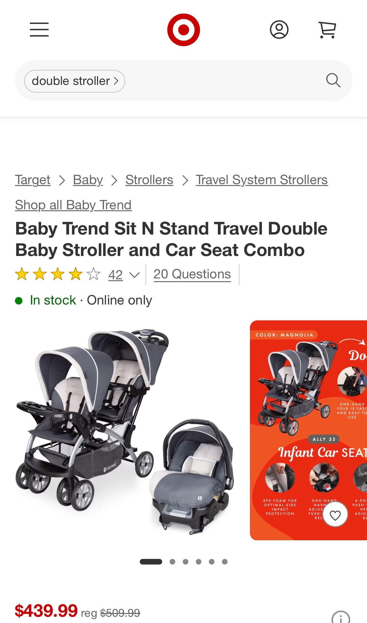 Baby Trend Sit N' Stand® Double 2.0 Stroller, Dash Grey NEW WITH infant Car Seat Carriola para Bebe