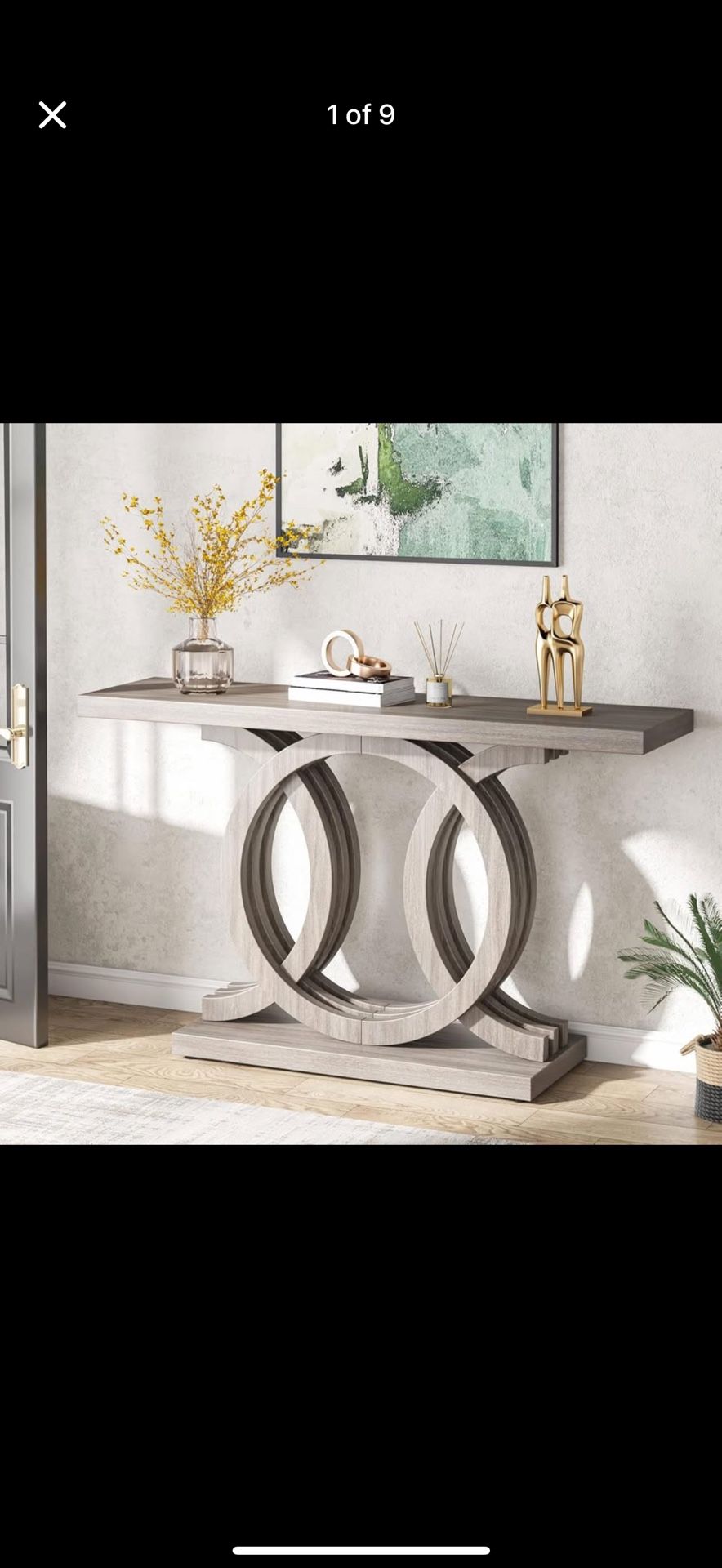 55" Grey Console Table with Geometric Base – Entryway/Sofa Accent Table