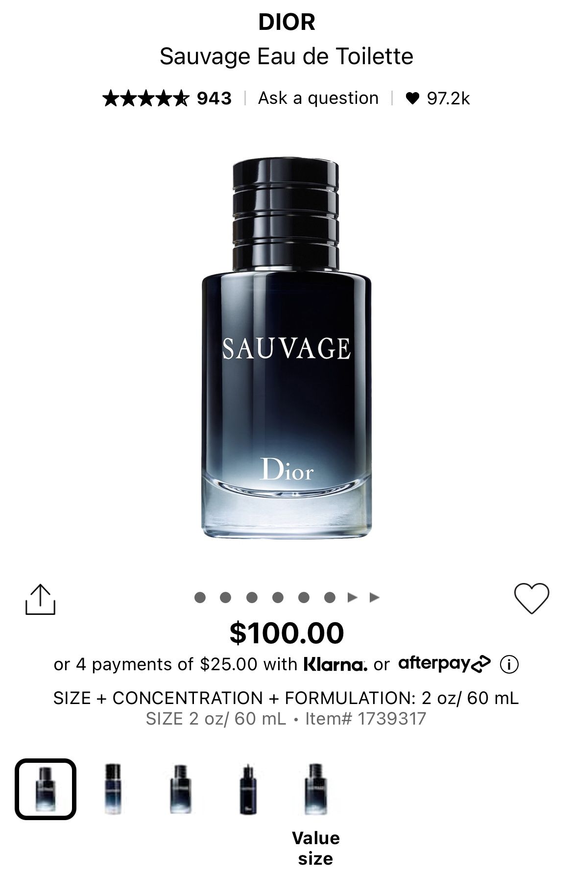 Dior Sauvage Eau de Toilette Menβs Cologne 60mL