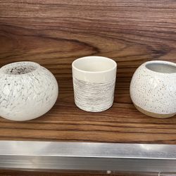 cute extra small 1 glass & 2 ceramic multi-use pots vases candle holders makeup brushes holder seedlings cuttings succulents cacti plant flower etc.