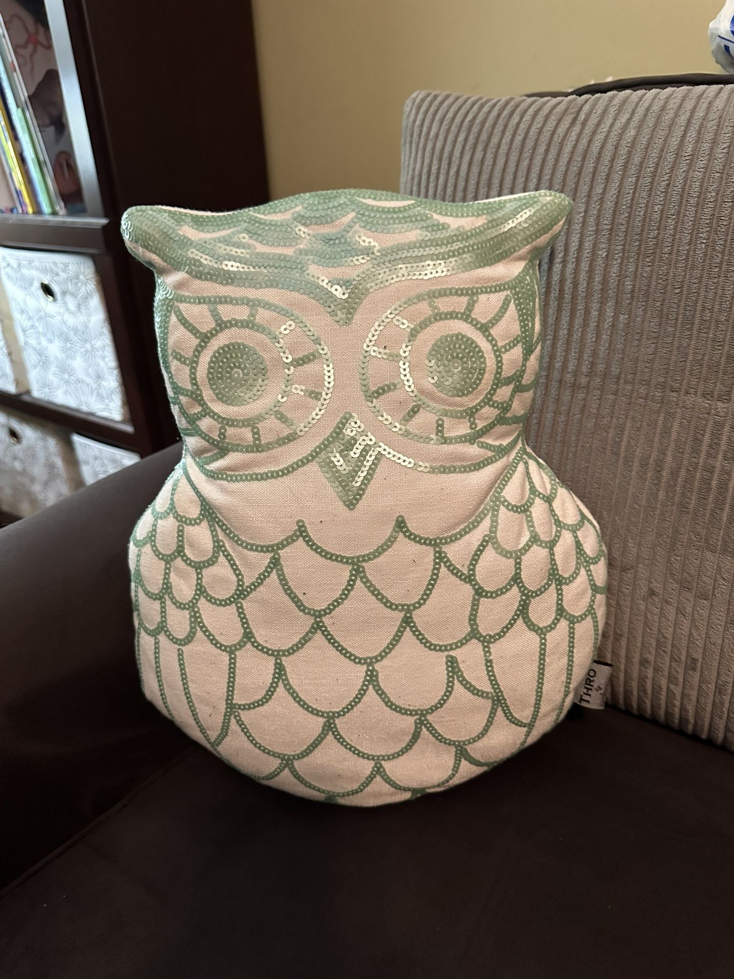Owl Pillow and Two Ceramic Owl Statues Decorations
